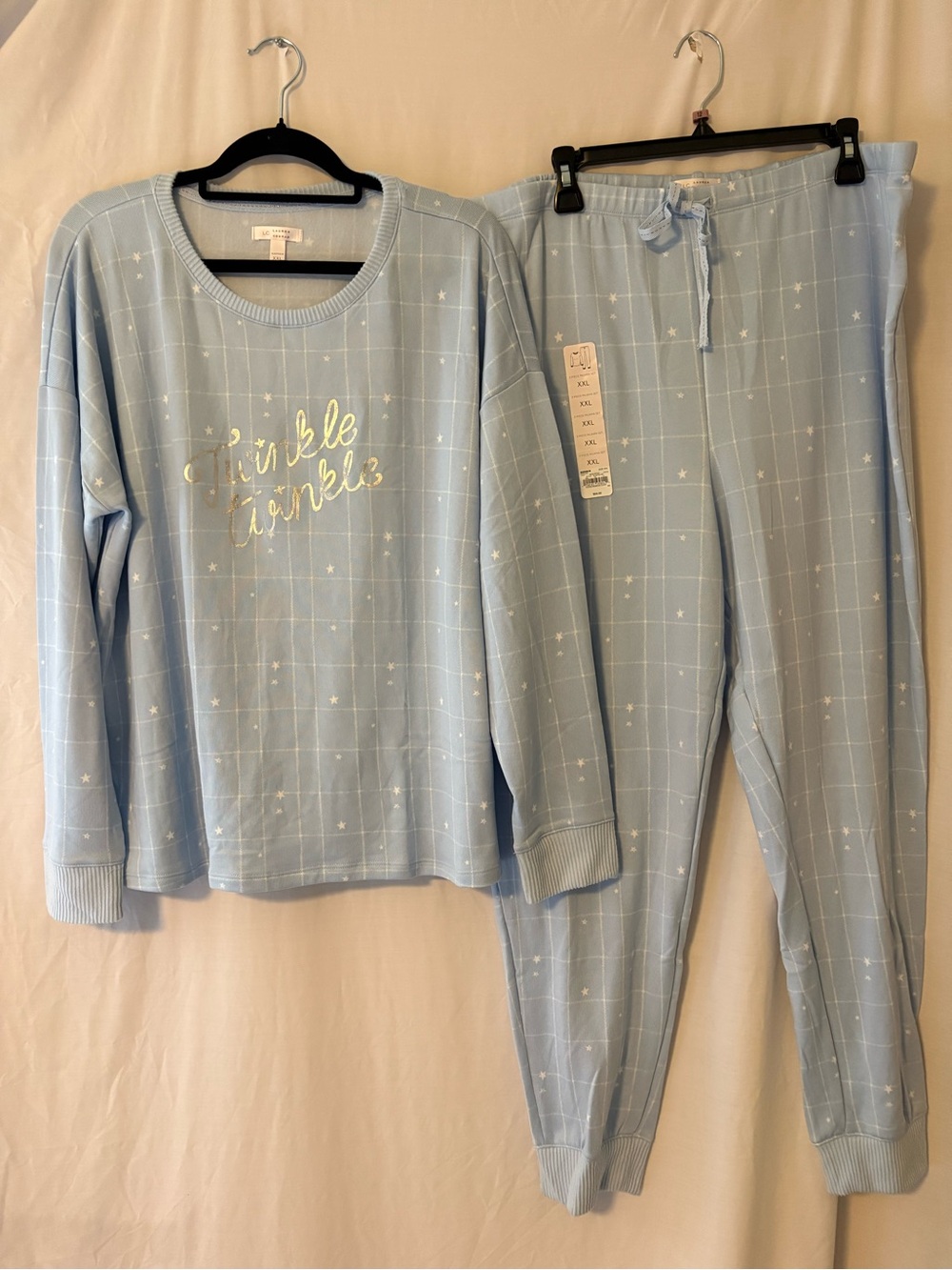 LC Lauren Conrad Light Blue Star Grid Pajama Set with Silver Script